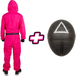 Carnavalsland Pakket Squid Game - Kostuum En Masker Driehoek -Kostuum Wereld Winkel pakket squid game kostuum en masker driehoek achterkant